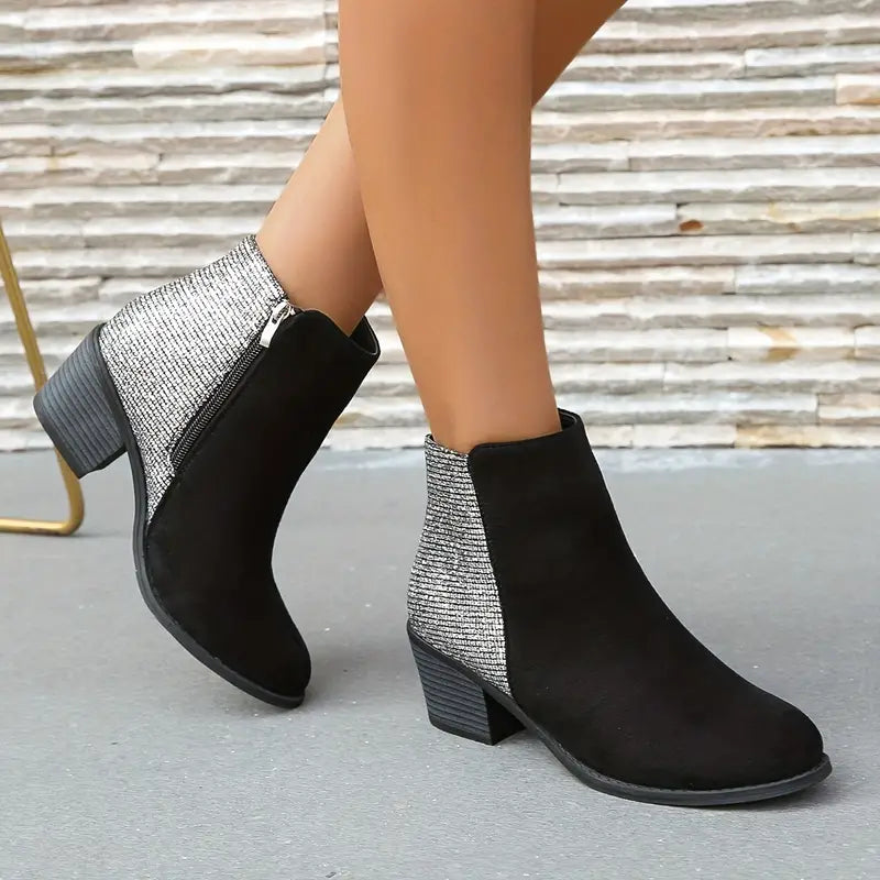 NILOFERâ„¢ SHINY ORTHOPEDIC RHINESTONE STITCHING ANKLE BOOTS
