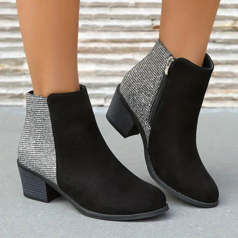 NILOFERâ„¢ SHINY ORTHOPEDIC RHINESTONE STITCHING ANKLE BOOTS