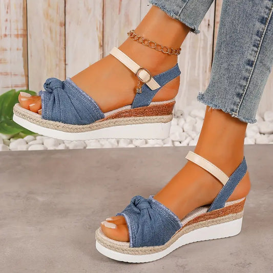BEGAโข WOMEN'S DENIM BOW ANKLE STRAP WEDGE SANDALS