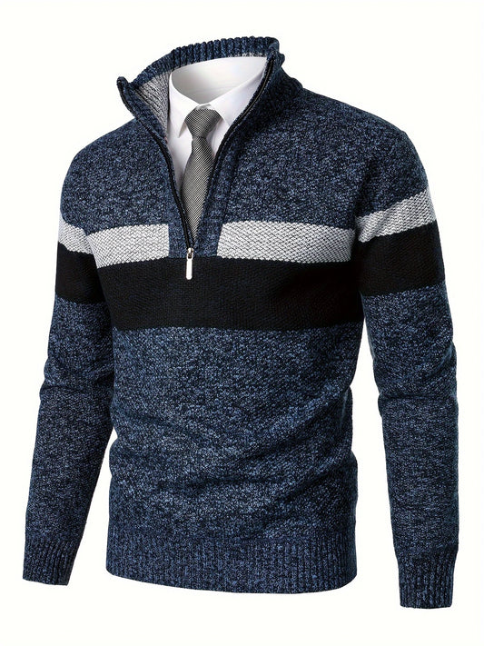 LOLDREAL EDGE™ — MEN’S COLOR BLOCK STAND COLLAR FLEECE-LINED KNIT SWEATER