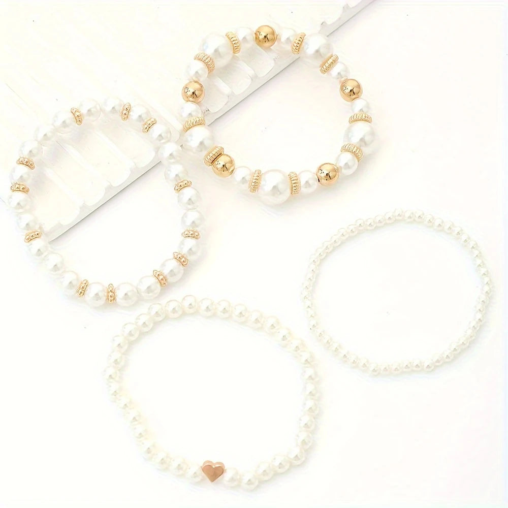 LUMIÈRE PEARL™ — ELEGANT WHITE 4PCS PEARL BEADED HANDMADE BRACELET SET