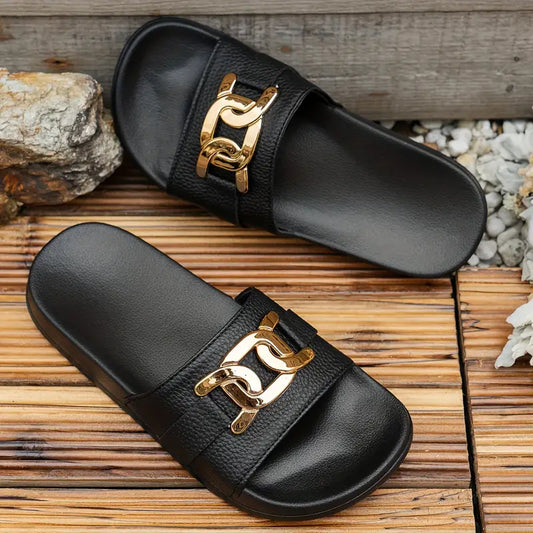 AMBRIโข WOMEN'S ELEGANT GOLD BUCKLE SLIDES