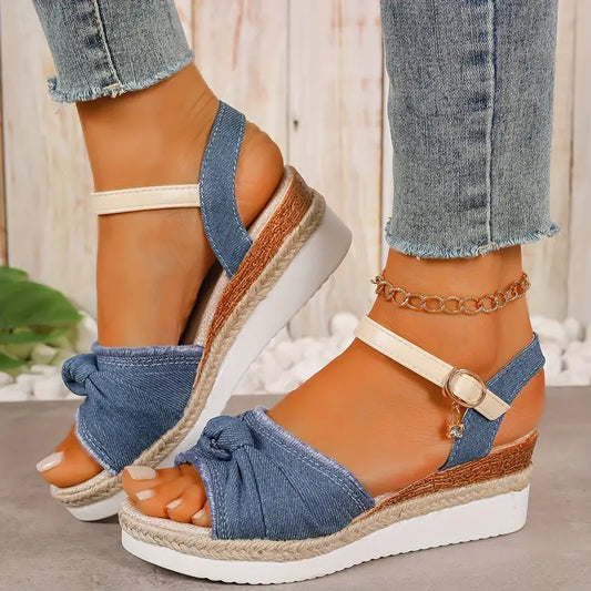 BEGAโข WOMEN'S DENIM BOW ANKLE STRAP WEDGE SANDALS