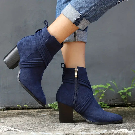 CALANTHAโข WOMEN'S SIDE ZIPPER CHUNKY HEELED ANKLE BOOTS