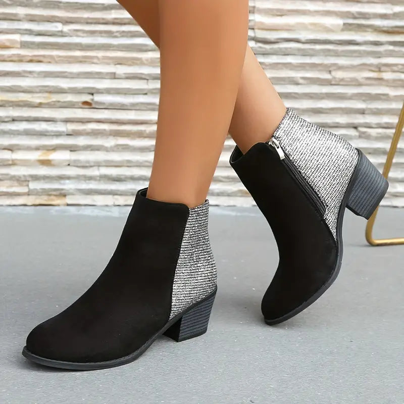NILOFERâ„¢ SHINY ORTHOPEDIC RHINESTONE STITCHING ANKLE BOOTS