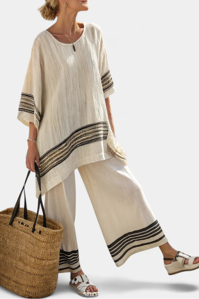 HARLOWE™ ELEGANT STRIPED LINEN TOP & FLOWING PANTS