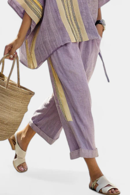 ELOWRICâ„¢ ELEGANT LAVENDER TOP & MUSTARD STRIPED PANTS