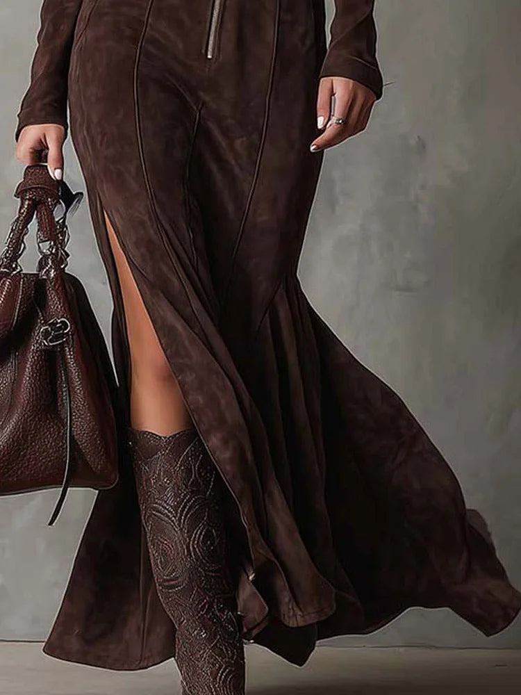 MARSELLA™ | LONG BROWN DRESS WITH BELT