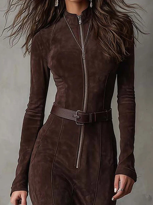 MARSELLA - LONG BROWN DRESS WITH BELT