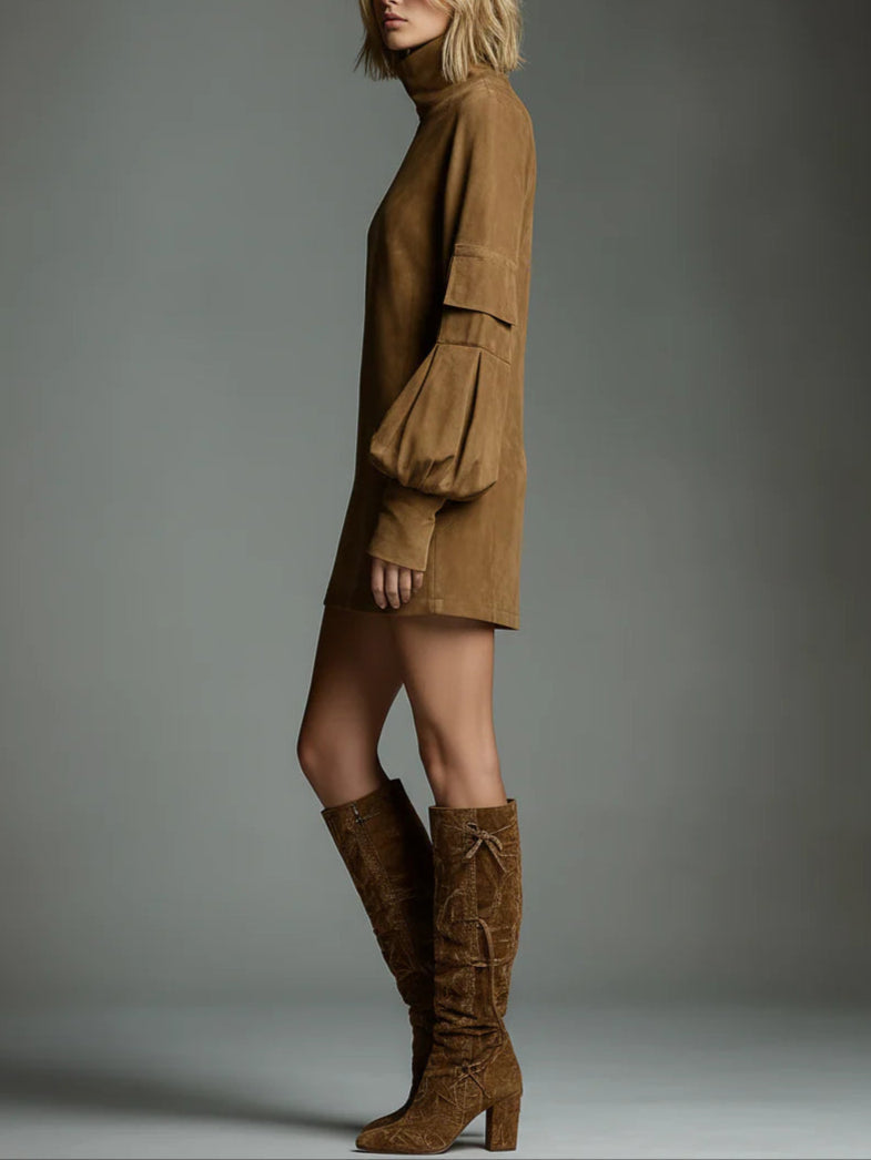 BELI - OVERSIZED SUEDE MINI DRESS WITH HIGH NECK