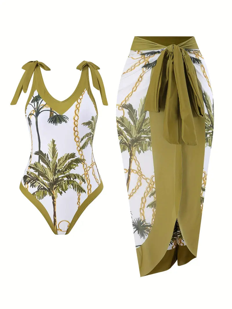 WOMEN'S PALM PRINT MESH SKIRT TWO-PIECE SWIMSUIT SET
