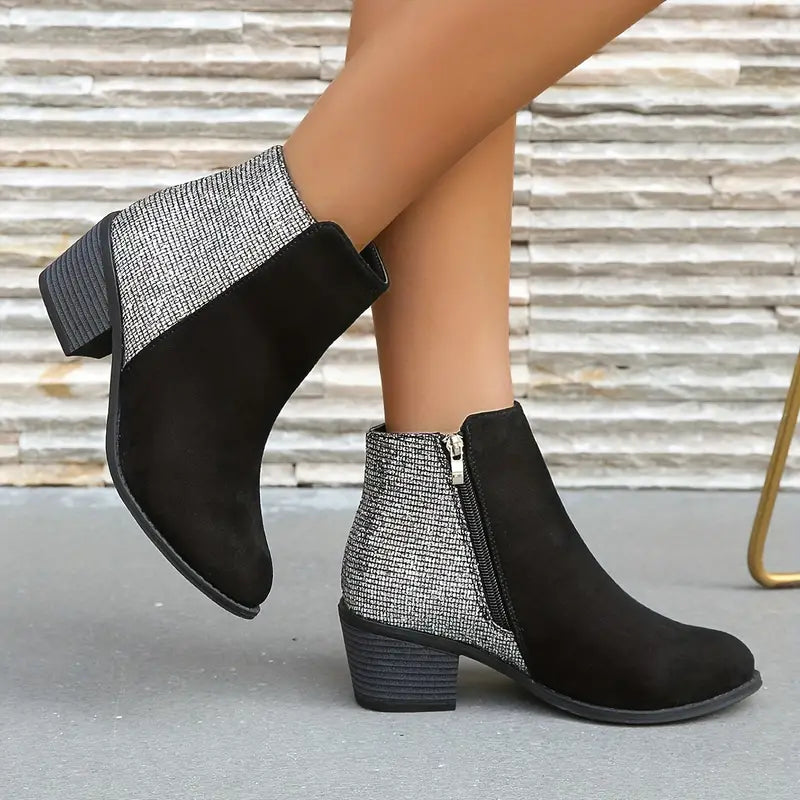 NILOFERâ„¢ SHINY ORTHOPEDIC RHINESTONE STITCHING ANKLE BOOTS