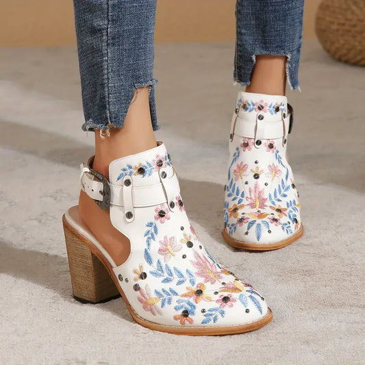 SERAPHINAโข VINTAGE FLORAL CHUNKY HEEL BOOTS