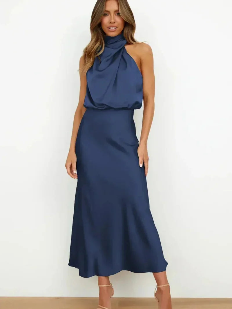 SLEEVELESS LONG DRESS WITH ASYMMETRICAL NECKLINE AND REFINED STYLE