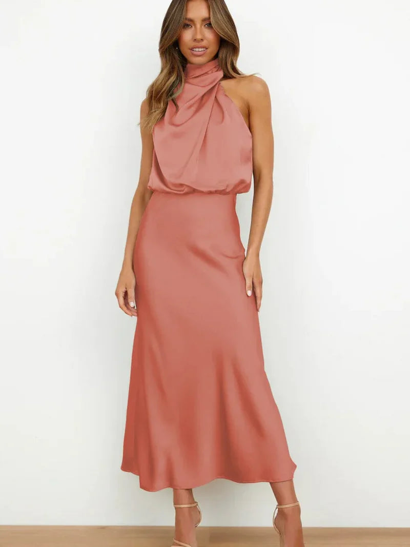 SLEEVELESS LONG DRESS WITH ASYMMETRICAL NECKLINE AND REFINED STYLE