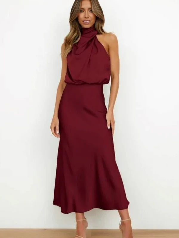SLEEVELESS LONG DRESS WITH ASYMMETRICAL NECKLINE AND REFINED STYLE