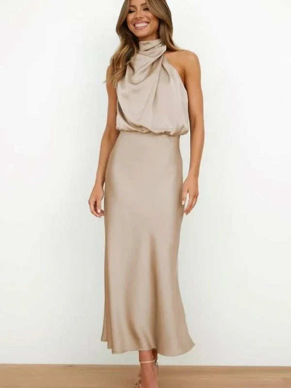 SLEEVELESS LONG DRESS WITH ASYMMETRICAL NECKLINE AND REFINED STYLE