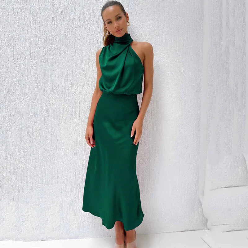 SLEEVELESS LONG DRESS WITH ASYMMETRICAL NECKLINE AND REFINED STYLE