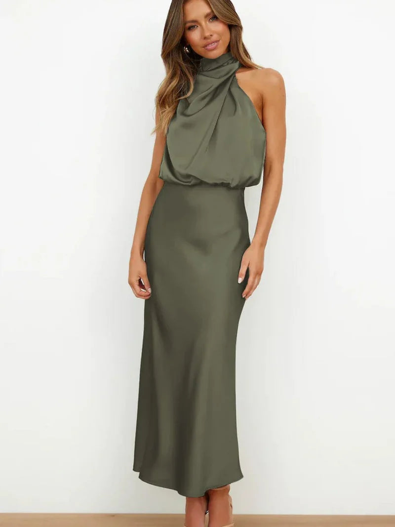 SLEEVELESS LONG DRESS WITH ASYMMETRICAL NECKLINE AND REFINED STYLE