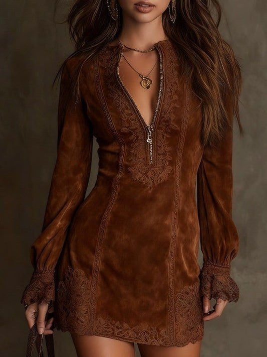 AZURE™ | VINTAGE LACE SUEDE MINI DRESS