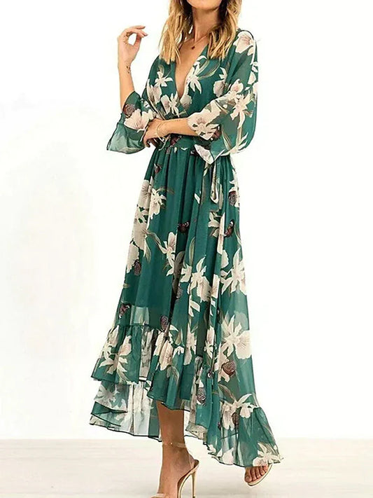 MARZELLA™ – GREEN PRINT DRESS WITH 3/4 SLEEVES AND V-NECK
