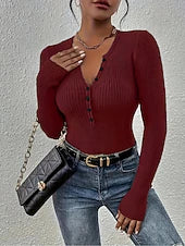 Women's Casual Ribbed Pullover — Boat Neck, Button Detail, Long Sleeve
