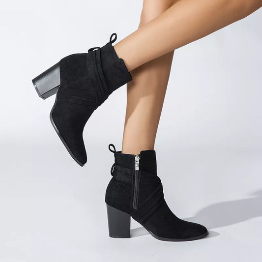 CALANTHAโข WOMEN'S SIDE ZIPPER CHUNKY HEELED ANKLE BOOTS