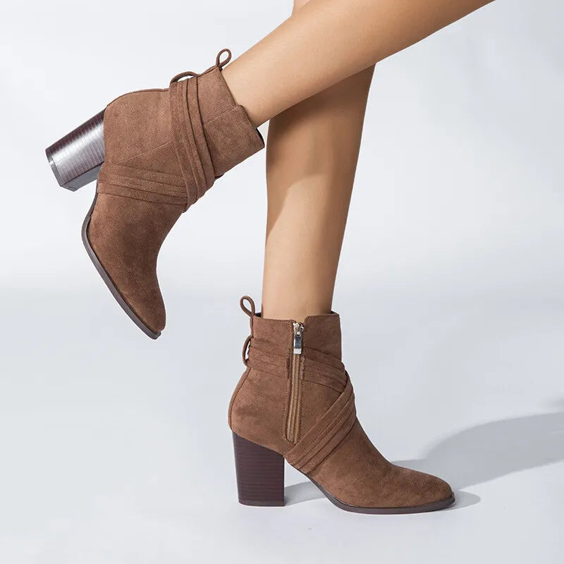 CALANTHAâ„¢ WOMEN'S SIDE ZIPPER CHUNKY HEELED ANKLE BOOTS