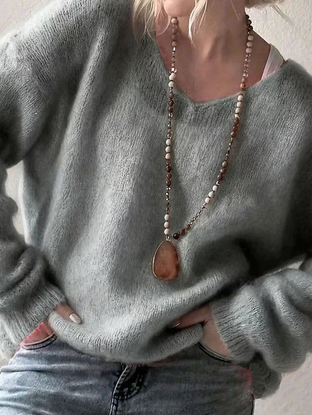 Women's Elegant V-Neck Pullover — Solid Colour, Long Sleeve, Regular Fit