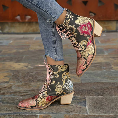 LOCKIE™ WOMEN'S EMBROIDERED BLOCK HEEL ANKLE BOOTS