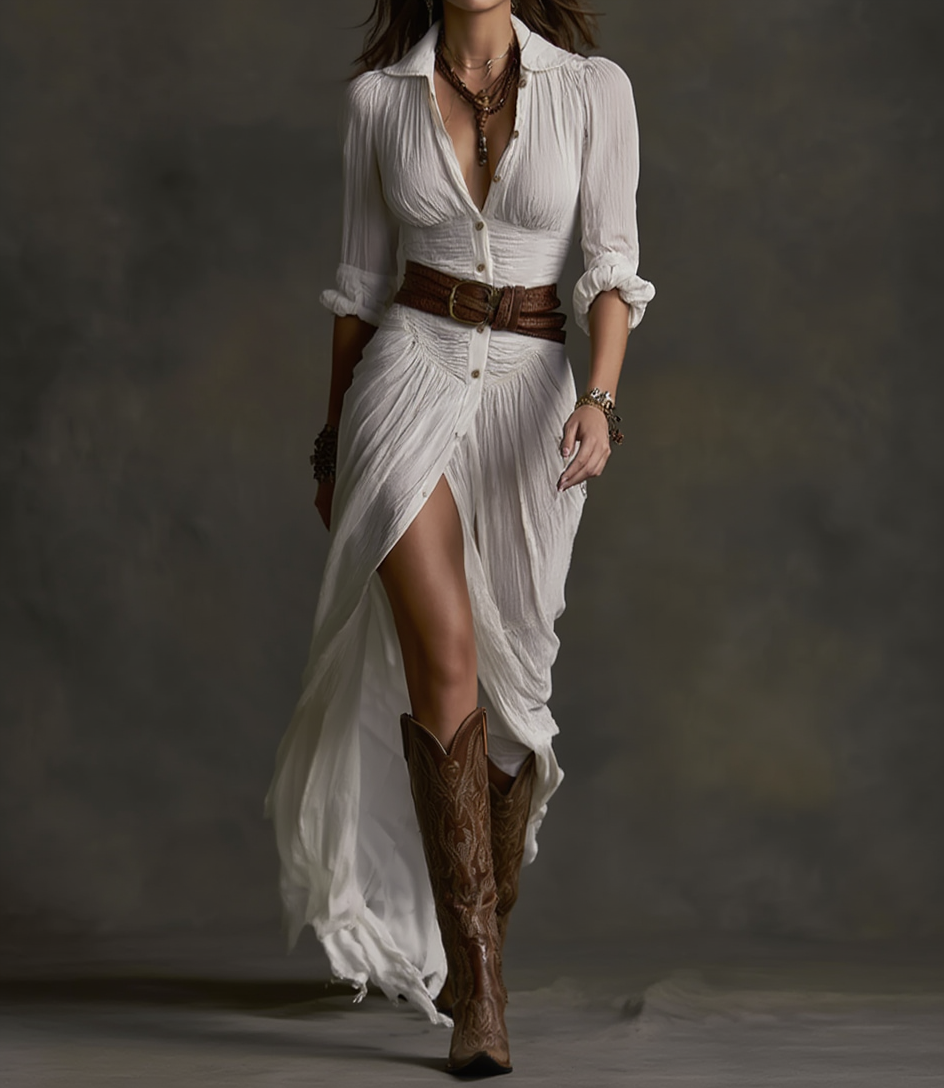 AURORA™ | LONG LINEN DRESS WITH REVERSE COLLAR