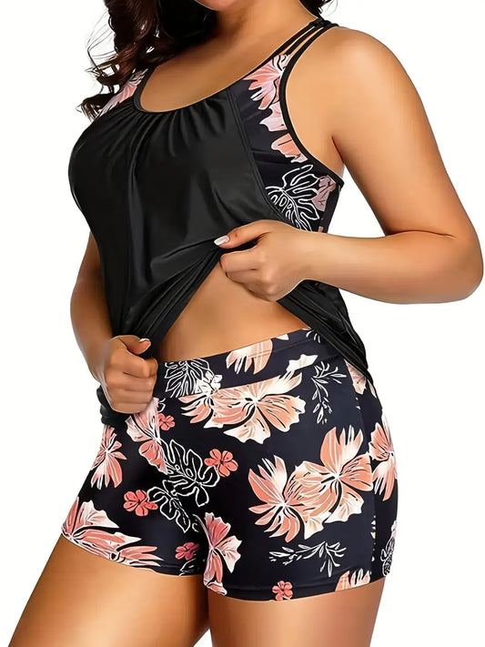 FLORAL PRINT TANKINI TWO-PIECE SWIMSUIT SET