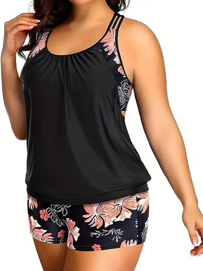 FLORAL PRINT TANKINI TWO-PIECE SWIMSUIT SET