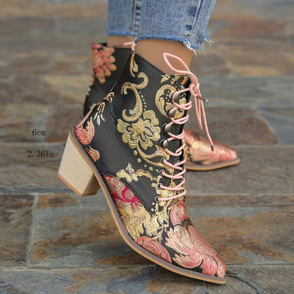 LOCKIE™ WOMEN'S EMBROIDERED BLOCK HEEL ANKLE BOOTS