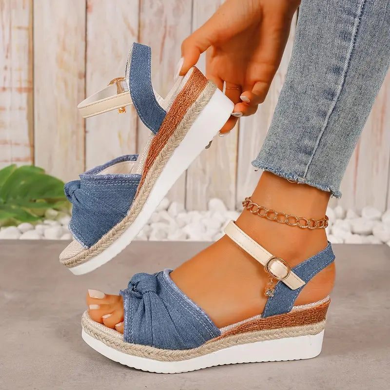 BEGA™ WOMEN'S DENIM BOW ANKLE STRAP WEDGE SANDALS