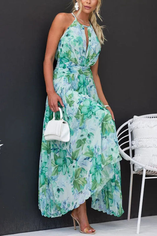 Vestido midi con pliegues y escote calado floral elegante para mujer
