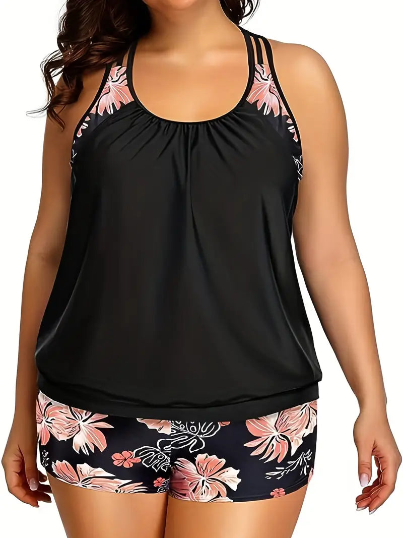 FLORAL PRINT TANKINI TWO-PIECE SWIMSUIT SET