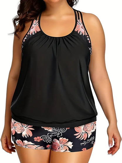 FLORAL PRINT TANKINI TWO-PIECE SWIMSUIT SET