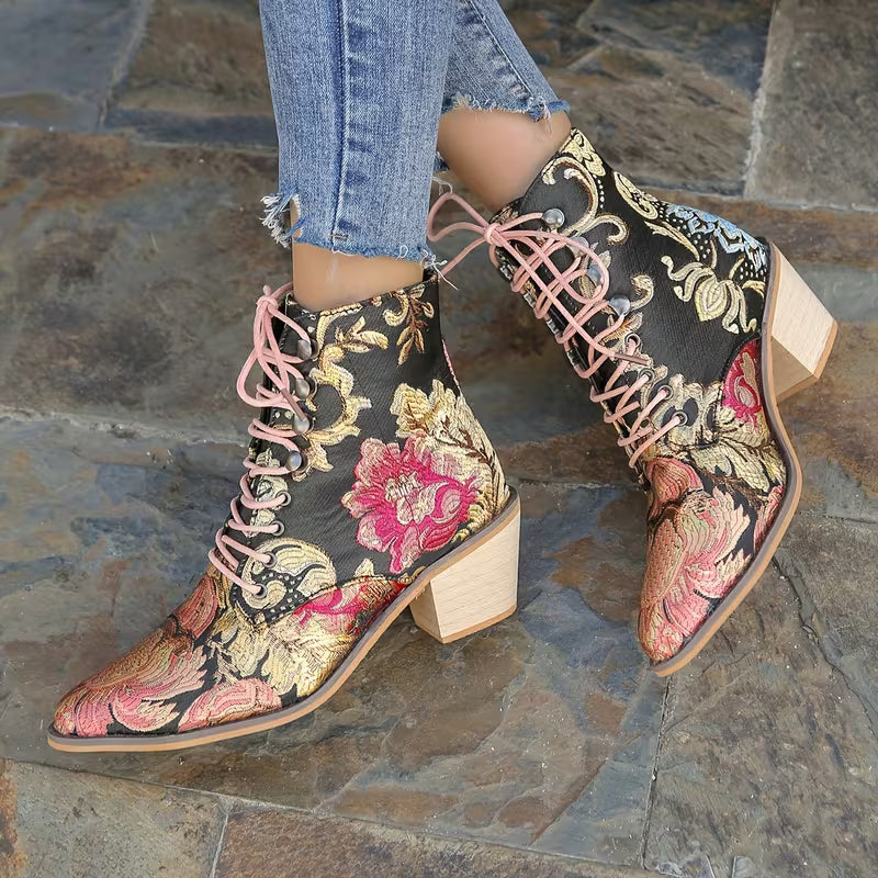 LOCKIE™ WOMEN'S EMBROIDERED BLOCK HEEL ANKLE BOOTS