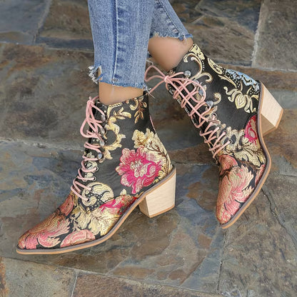 LOCKIE™ WOMEN'S EMBROIDERED BLOCK HEEL ANKLE BOOTS