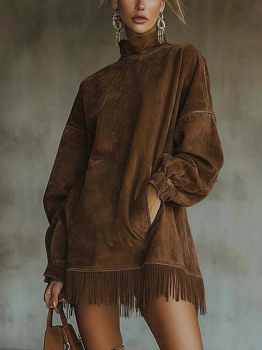 GABRIELA™ | SUEDE DRESS WITH HIGH NECK AND FRINGE