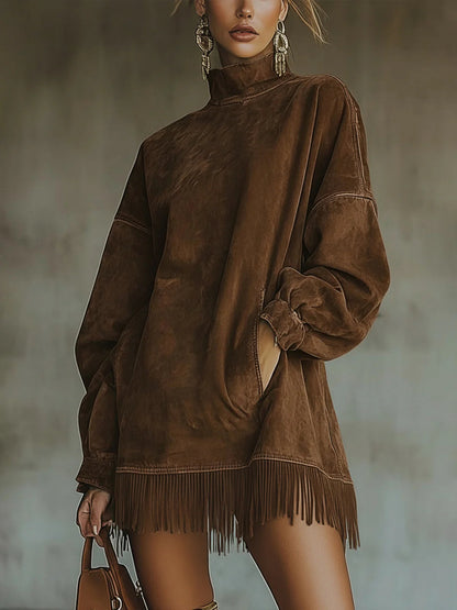 AMALIA - SUEDE HIGH NECK DRESS WITH FRINGE