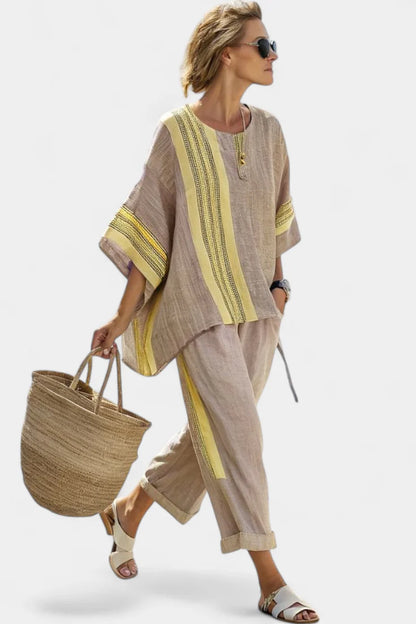ELOWRIC™ ELEGANT LAVENDER TOP & MUSTARD STRIPED PANTS