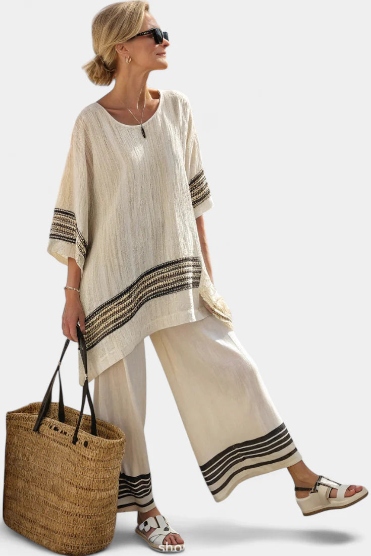HARLOWE™ ELEGANT STRIPED LINEN TOP & FLOWING PANTS