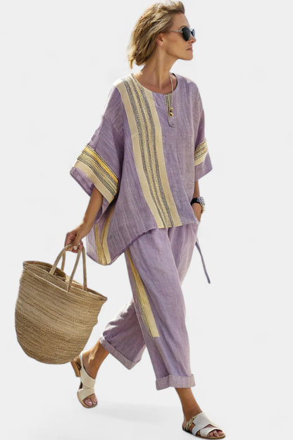 ELOWRIC™ ELEGANT LAVENDER TOP & MUSTARD STRIPED PANTS