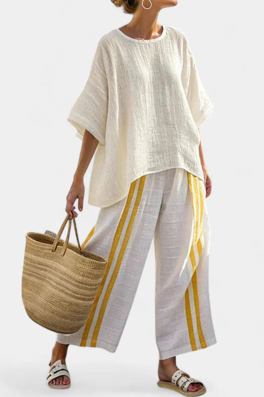 ANSELOR™ ELEGANT STRIPED LINEN TOP & WIDE-LEG PANTS