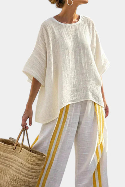 ANSELOR™ ELEGANT STRIPED LINEN TOP & WIDE-LEG PANTS