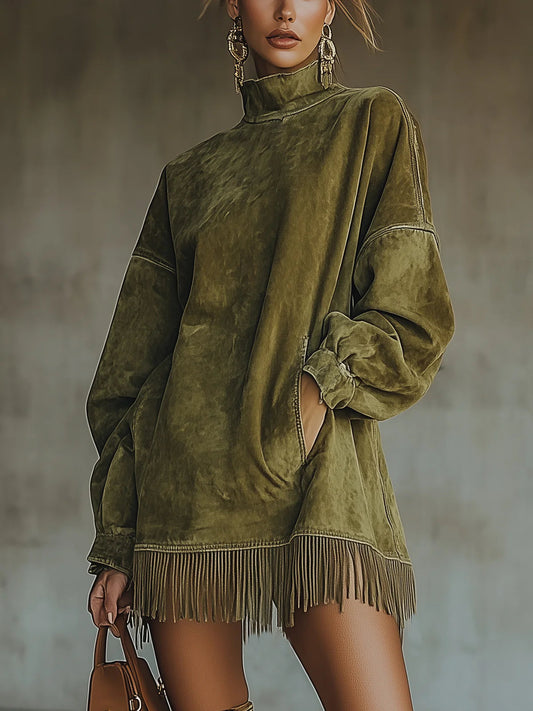 GABRIELA™ | SUEDE DRESS WITH HIGH NECK AND FRINGE