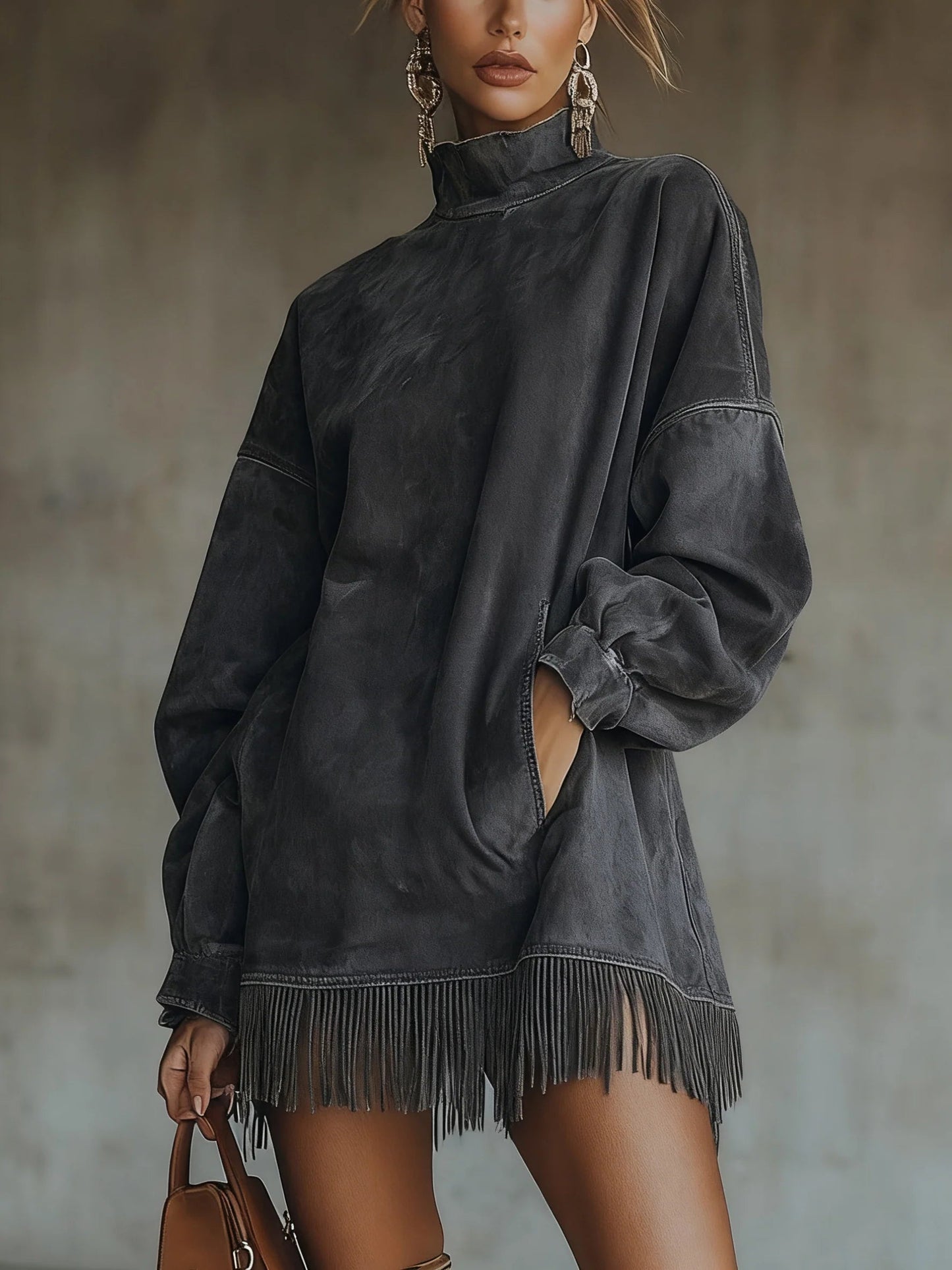 AMALIA - SUEDE HIGH NECK DRESS WITH FRINGE