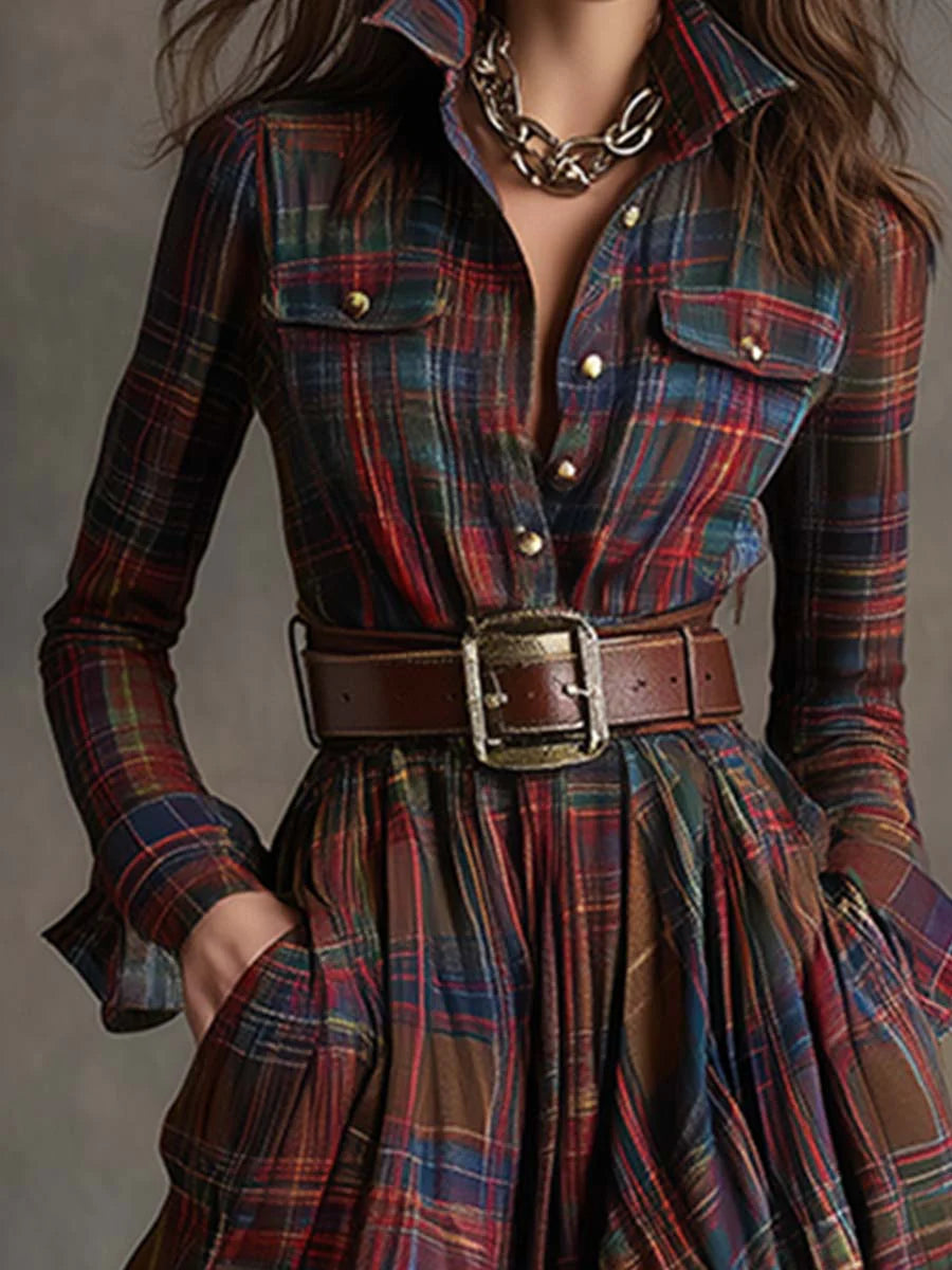 BEATRICE™ | BELTED PLAID MAXI DRESS